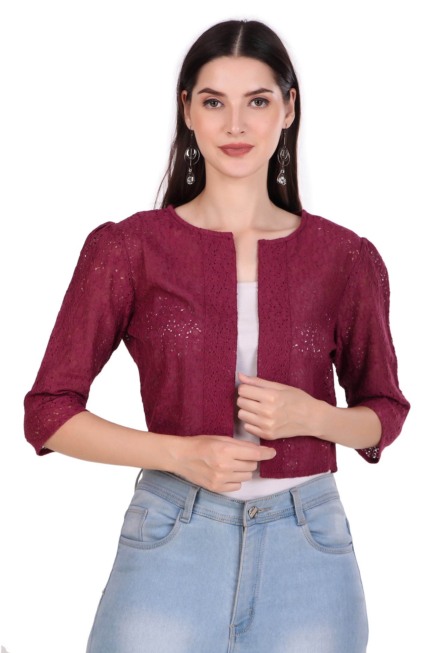 BoheeWohee Women's Cotton Lace Shrug with 3/4 Puffy Sleeves-Aubergine