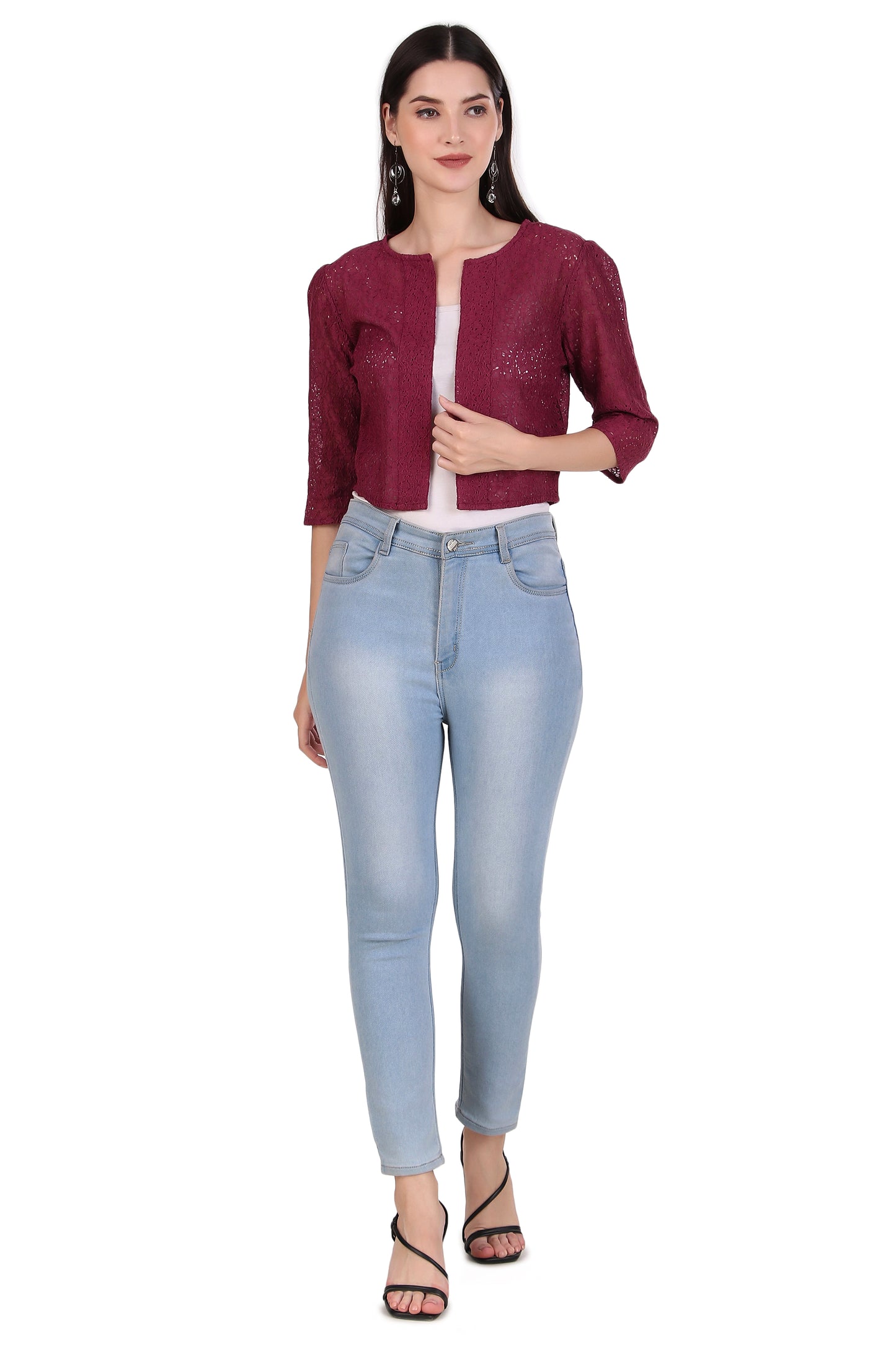 BoheeWohee Women's Cotton Lace Shrug with 3/4 Puffy Sleeves-Aubergine