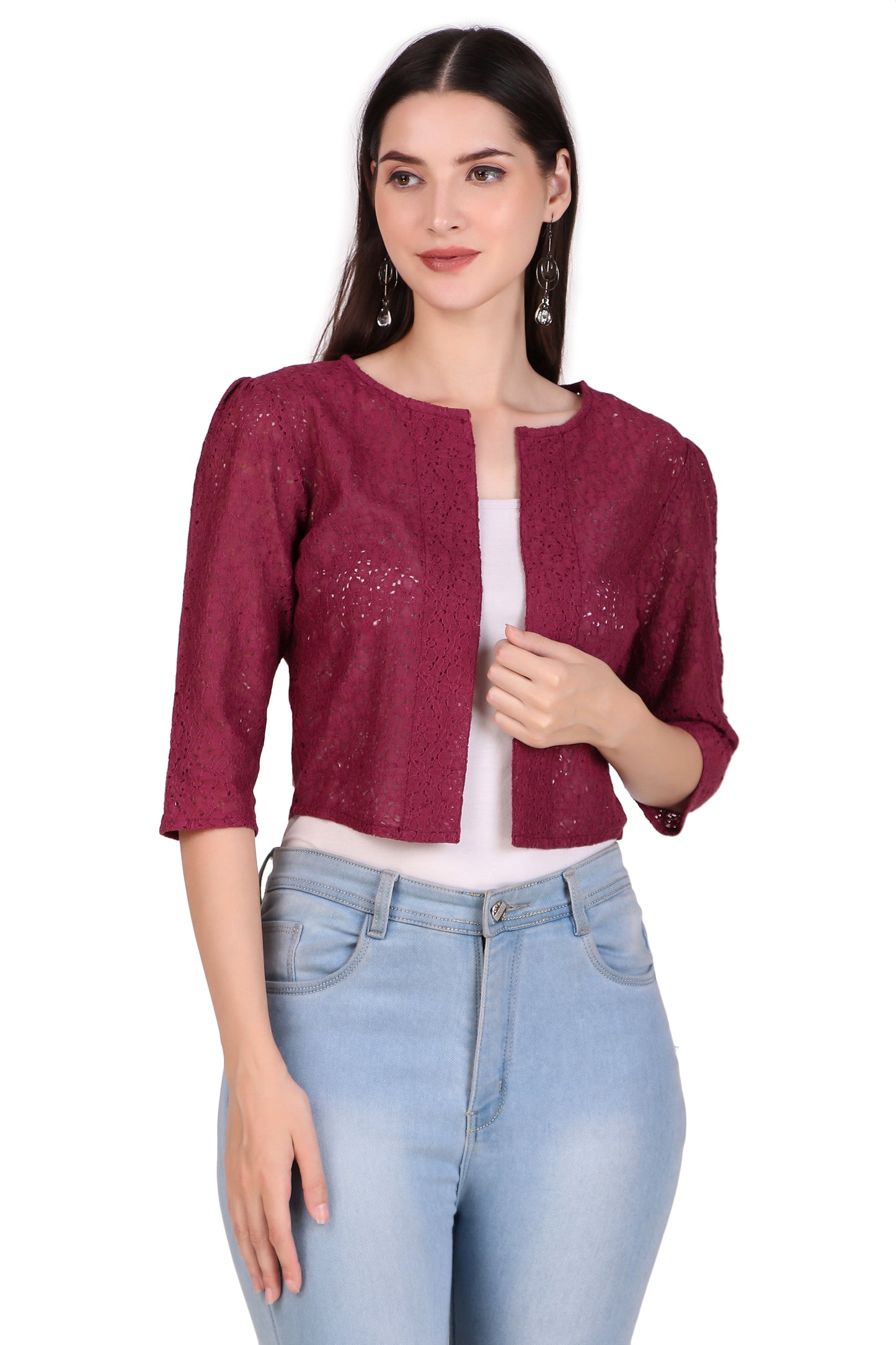 BoheeWohee Women's Cotton Lace Shrug with 3/4 Puffy Sleeves-Aubergine
