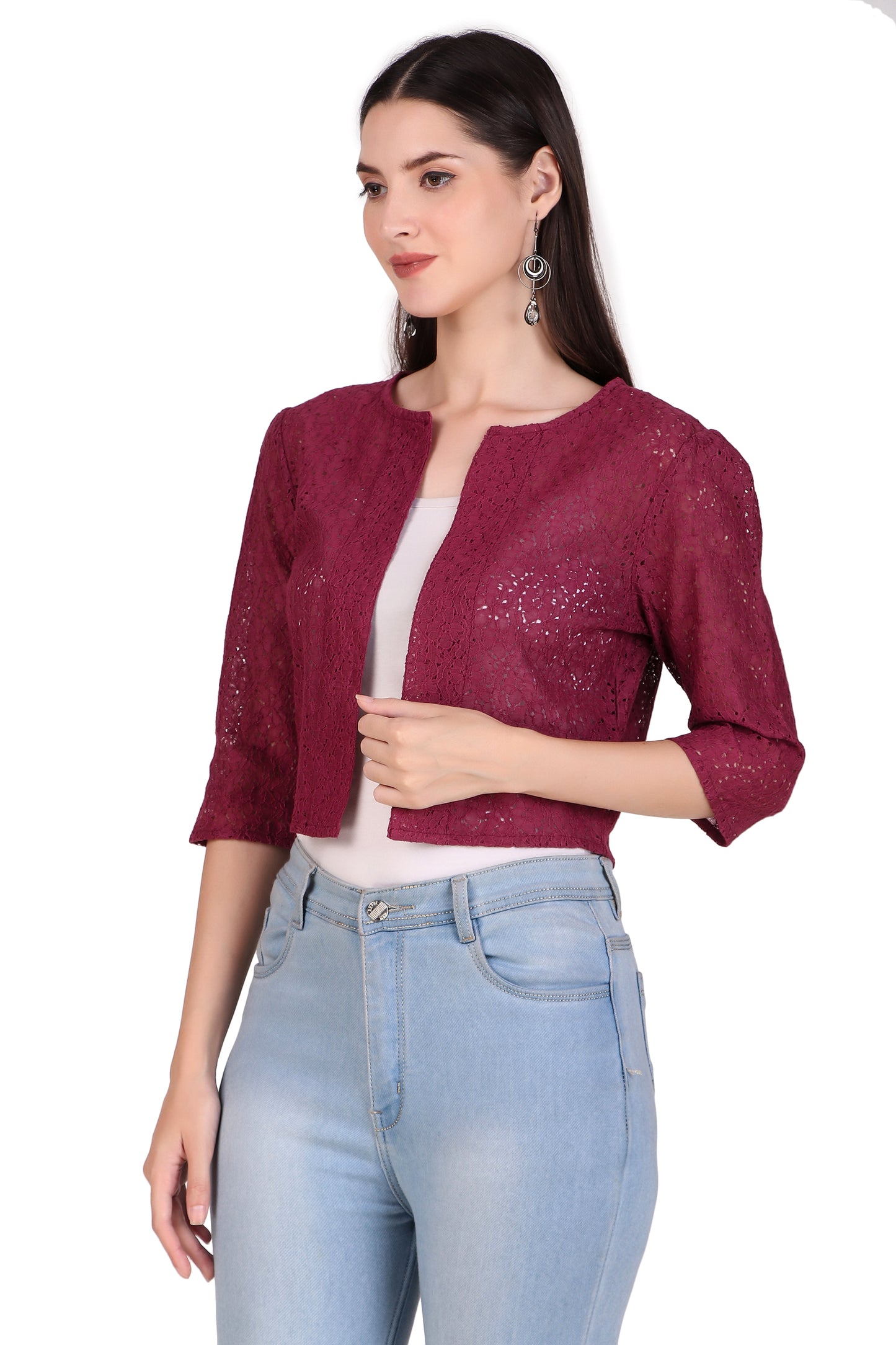 BoheeWohee Women's Cotton Lace Shrug with 3/4 Puffy Sleeves-Aubergine