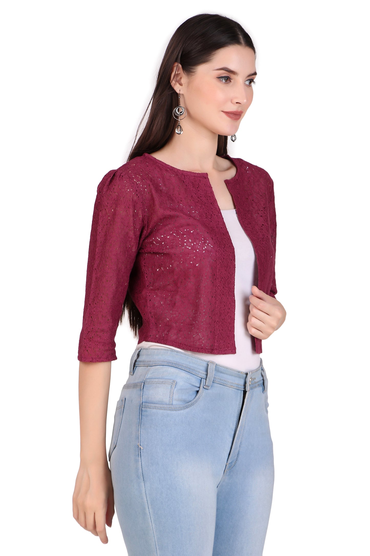 BoheeWohee Women's Cotton Lace Shrug with 3/4 Puffy Sleeves-Aubergine