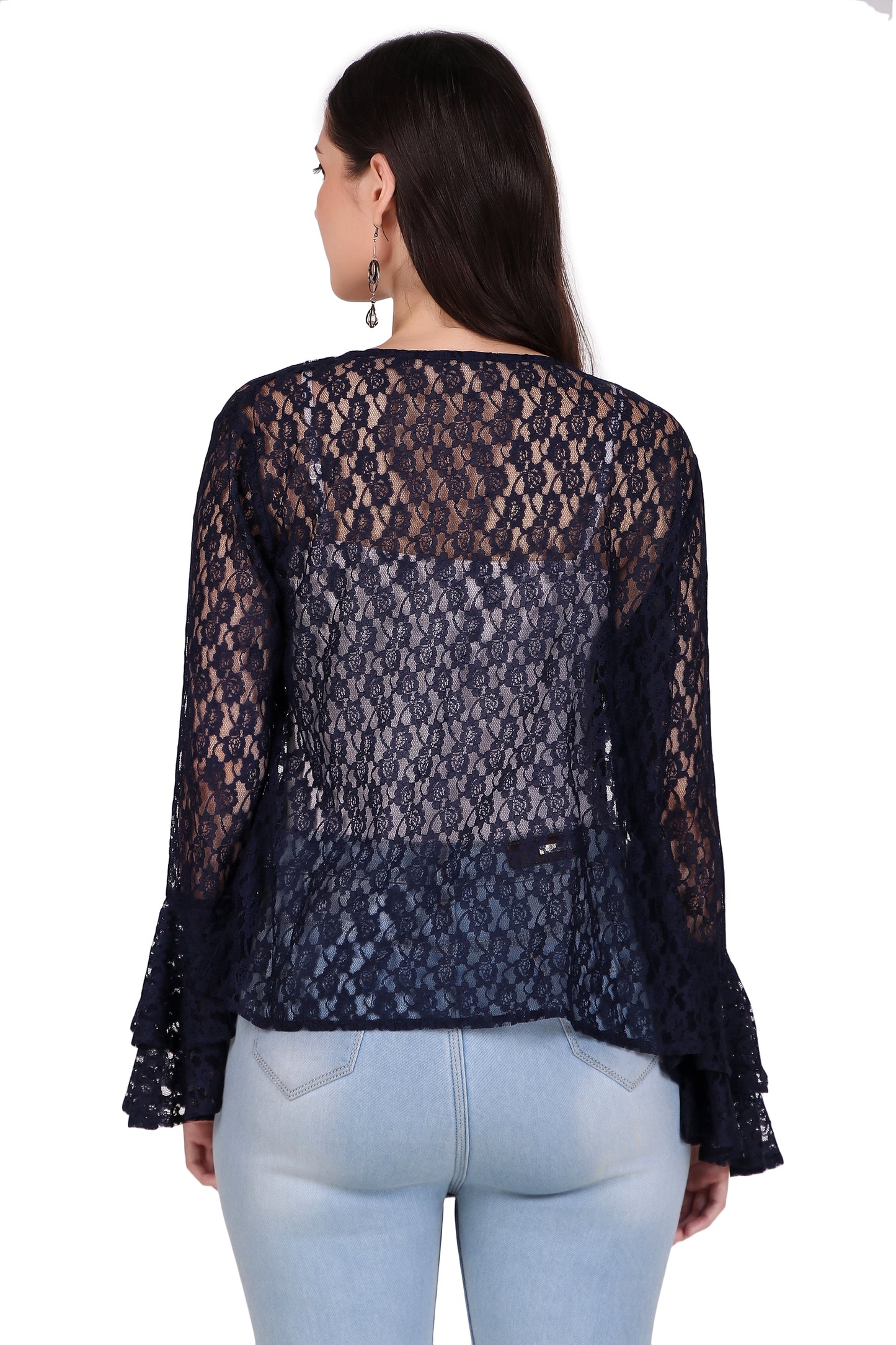 BoheeWohee Women's Floral Self Design Lace Shrug with Double Bell Sleeves- Navy