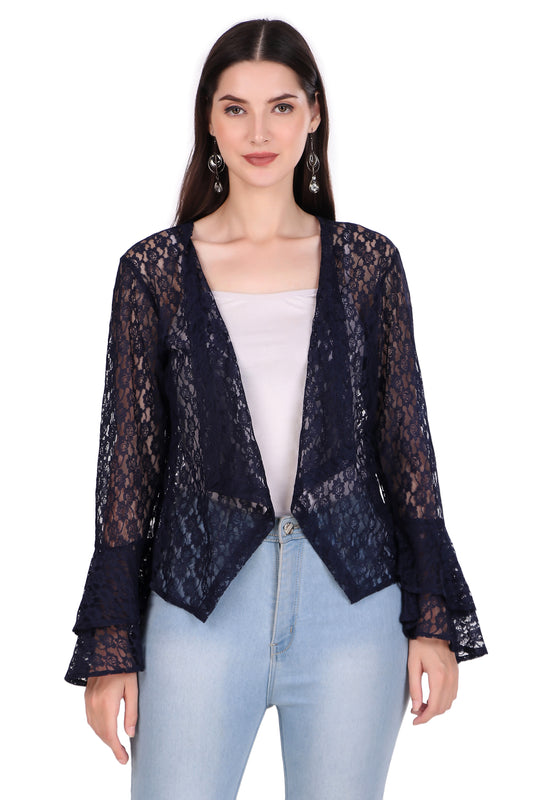 BoheeWohee Women's Floral Self Design Lace Shrug with Double Bell Sleeves- Navy