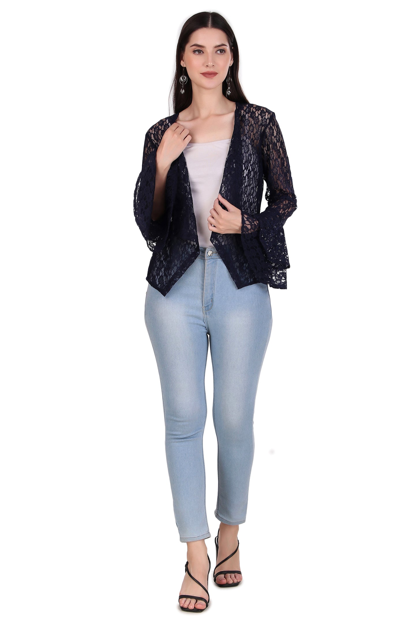 BoheeWohee Women's Floral Self Design Lace Shrug with Double Bell Sleeves- Navy