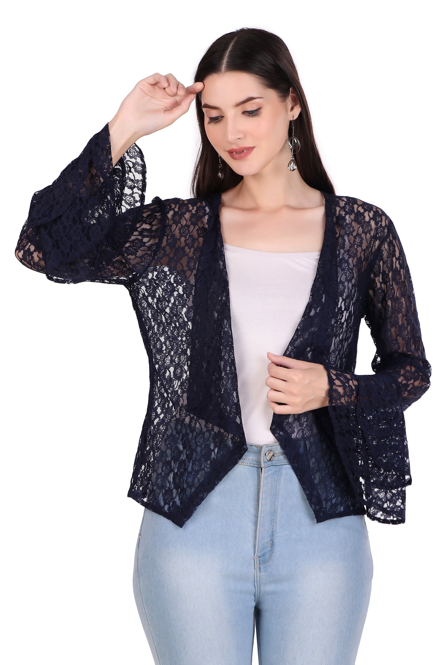 BoheeWohee Women's Floral Self Design Lace Shrug with Double Bell Sleeves- Navy