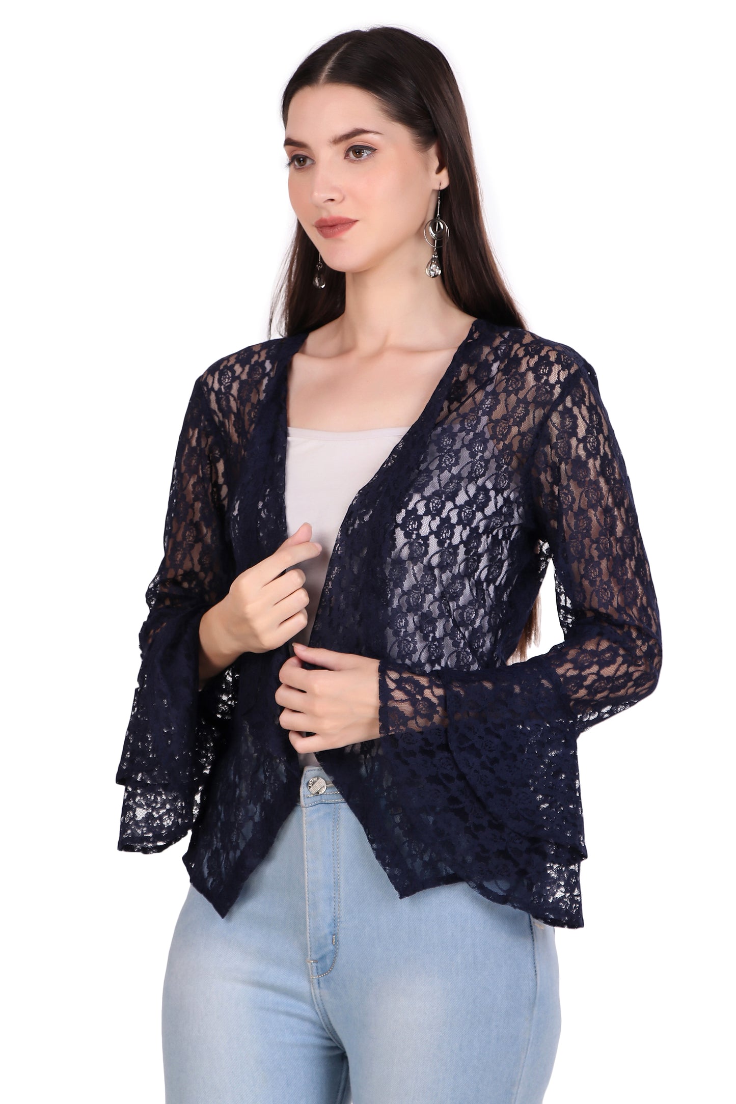 BoheeWohee Women's Floral Self Design Lace Shrug with Double Bell Sleeves- Navy
