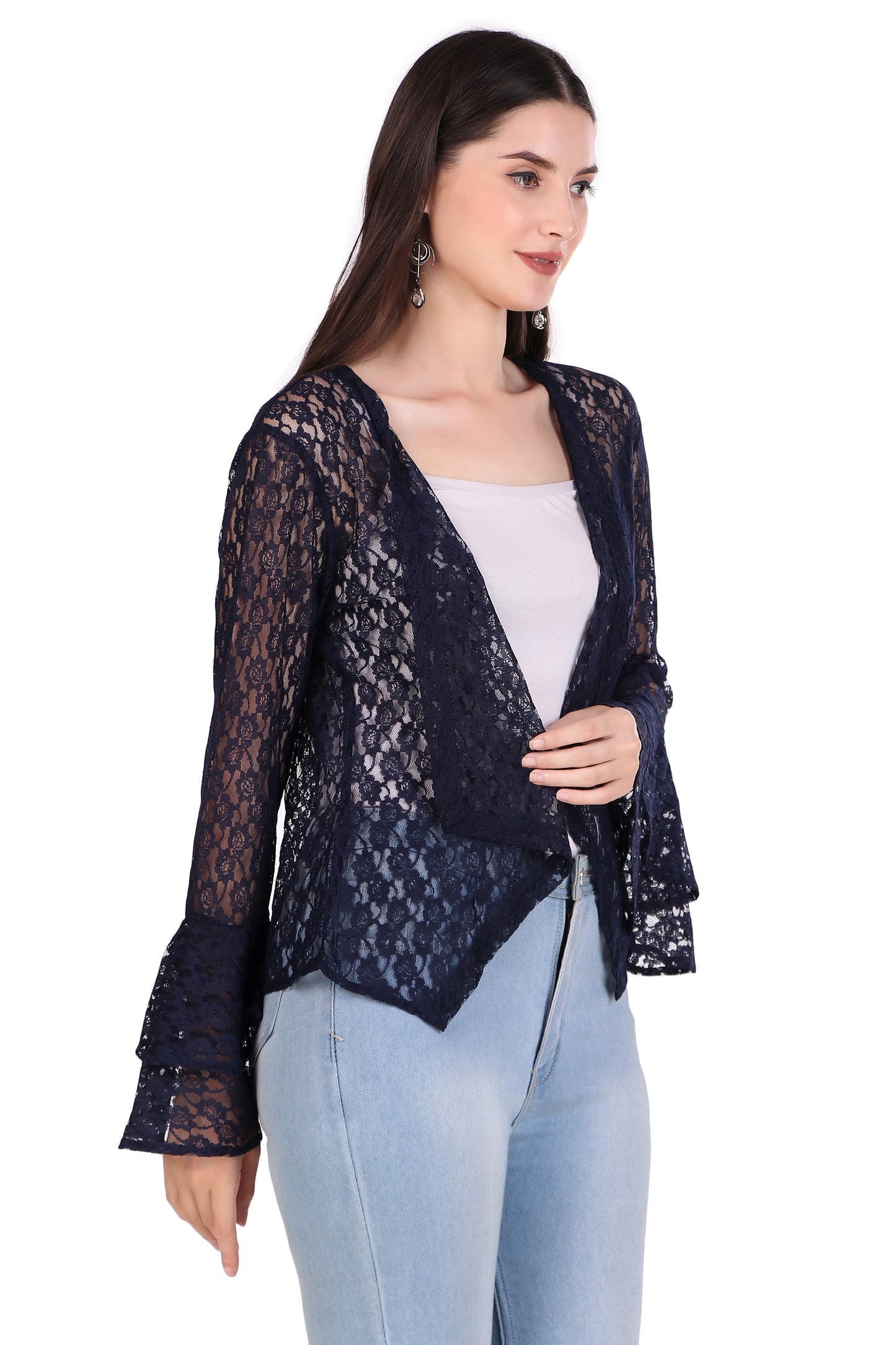 BoheeWohee Women's Floral Self Design Lace Shrug with Double Bell Sleeves- Navy