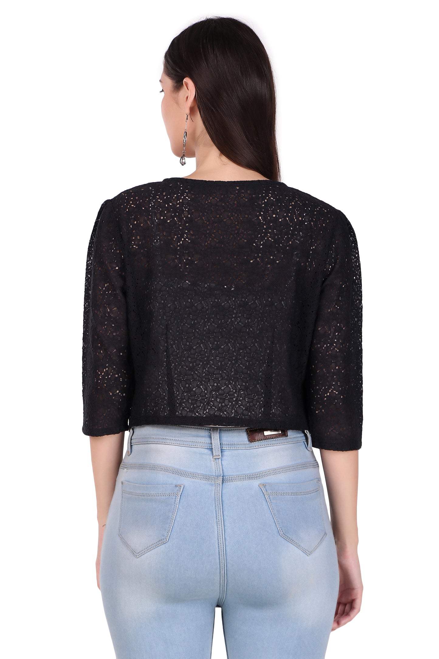 BoheeWohee Women's Cotton Lace Shrug with 3/4 Puffy Sleeves-Black