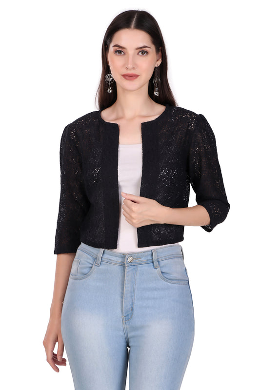 BoheeWohee Women's Cotton Lace Shrug with 3/4 Puffy Sleeves-Black