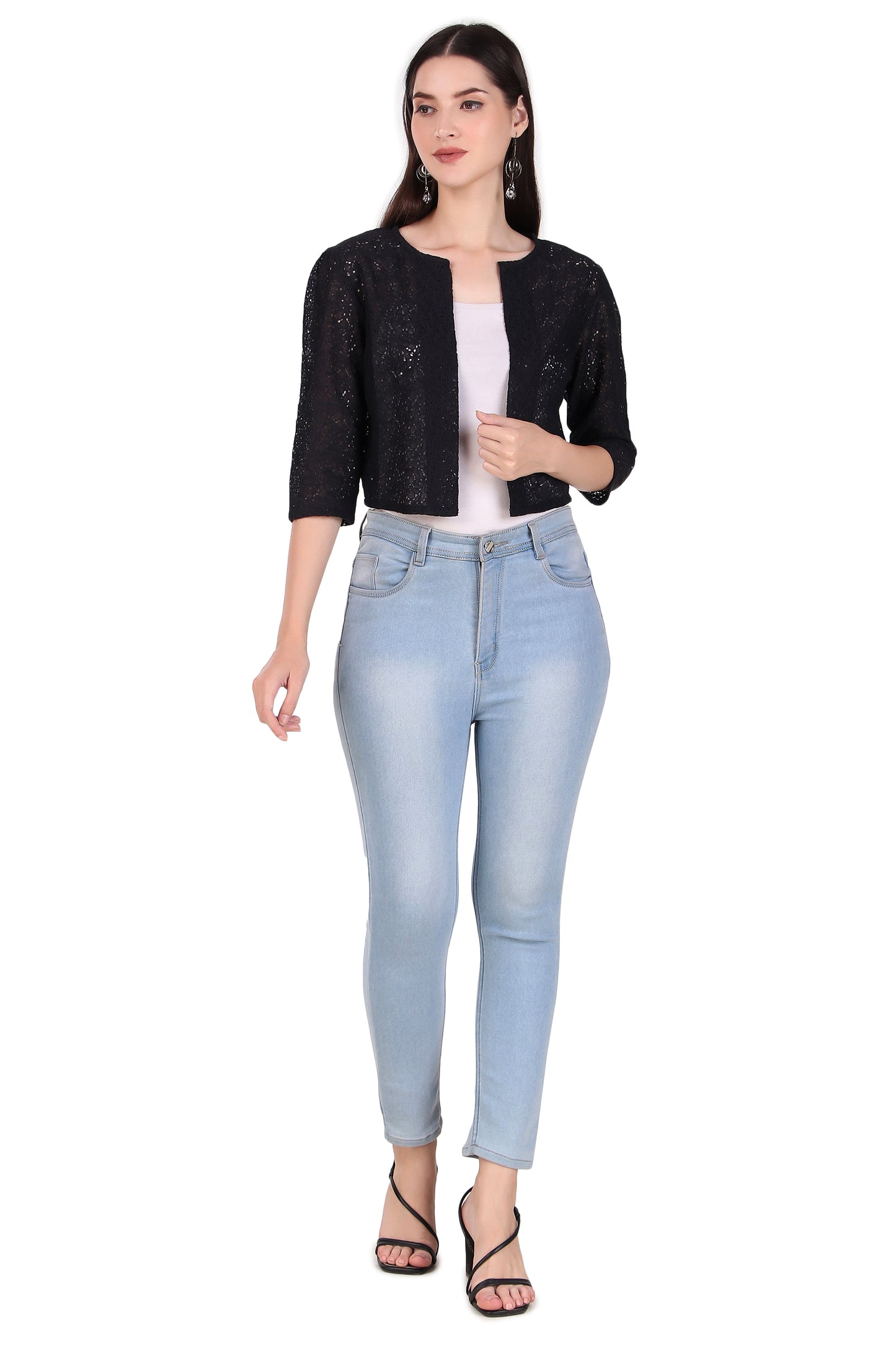 BoheeWohee Women's Cotton Lace Shrug with 3/4 Puffy Sleeves-Black