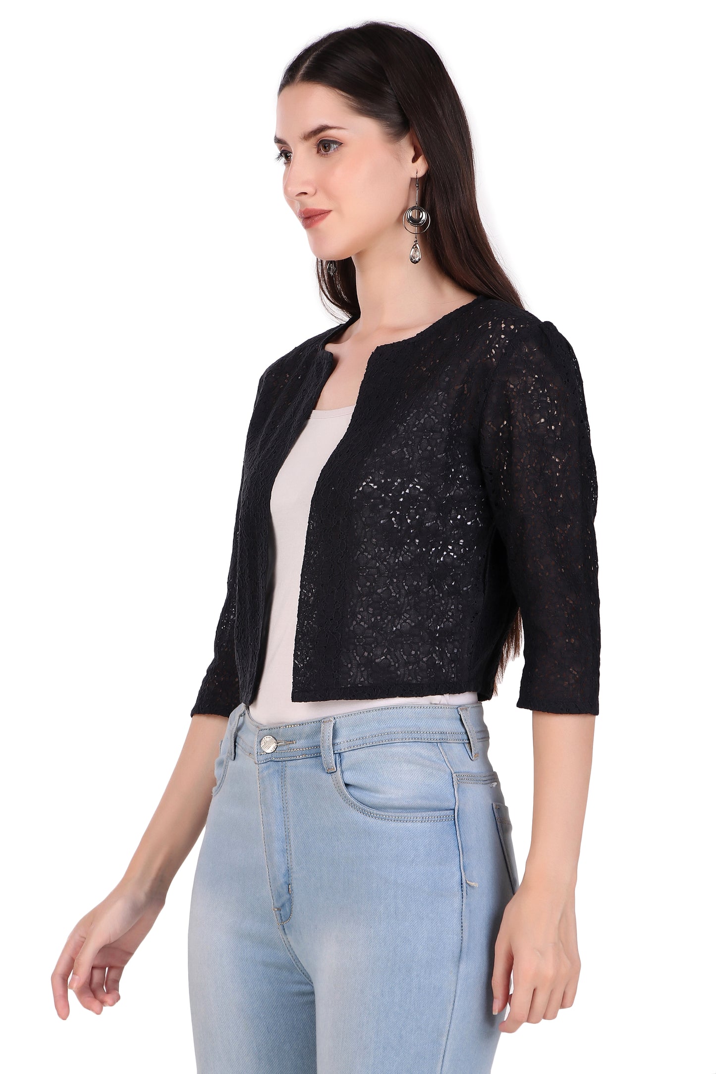BoheeWohee Women's Cotton Lace Shrug with 3/4 Puffy Sleeves-Black