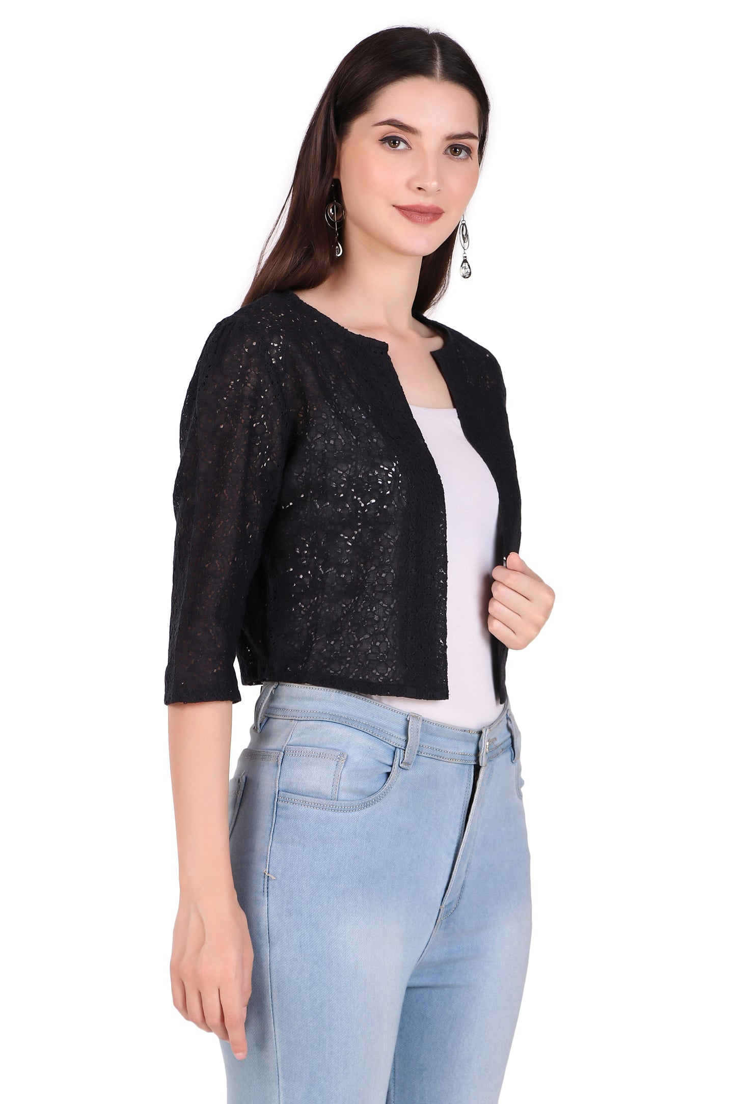 BoheeWohee Women's Cotton Lace Shrug with 3/4 Puffy Sleeves-Black