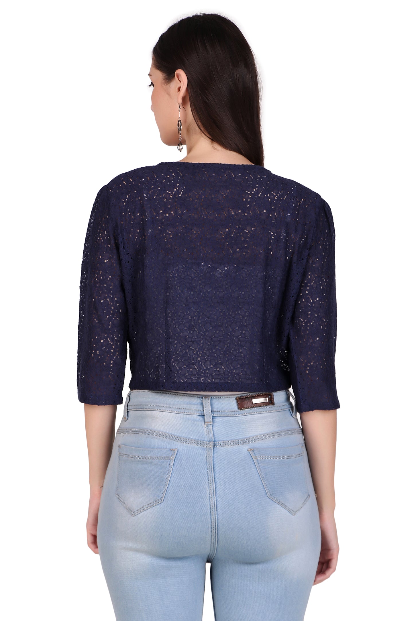 BoheeWohee Women's Cotton Lace Shrug with 3/4 Puffy Sleeves-Navy