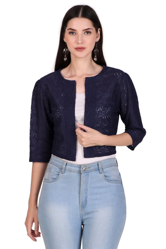 BoheeWohee Women's Cotton Lace Shrug with 3/4 Puffy Sleeves-Navy
