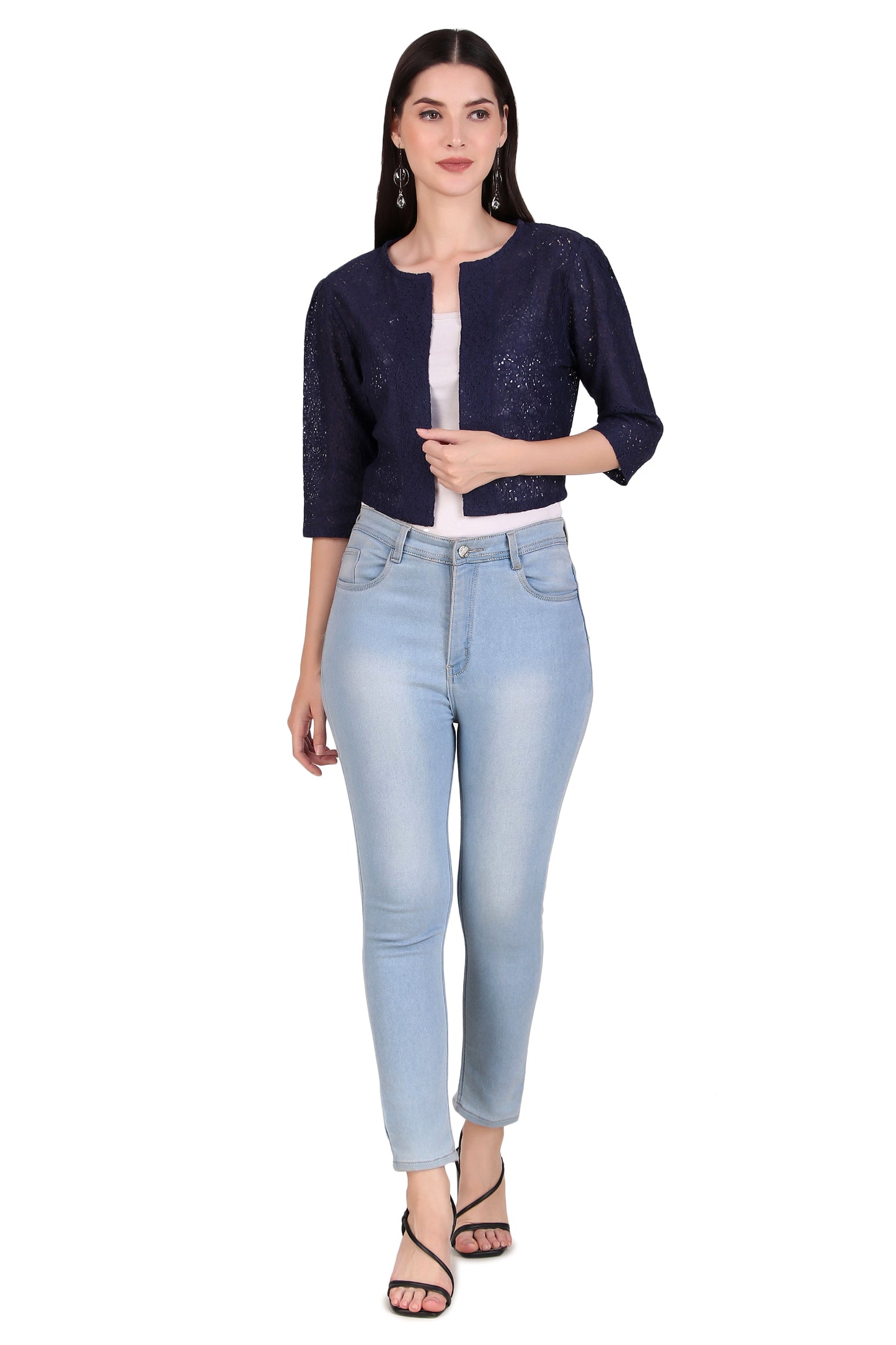 BoheeWohee Women's Cotton Lace Shrug with 3/4 Puffy Sleeves-Navy