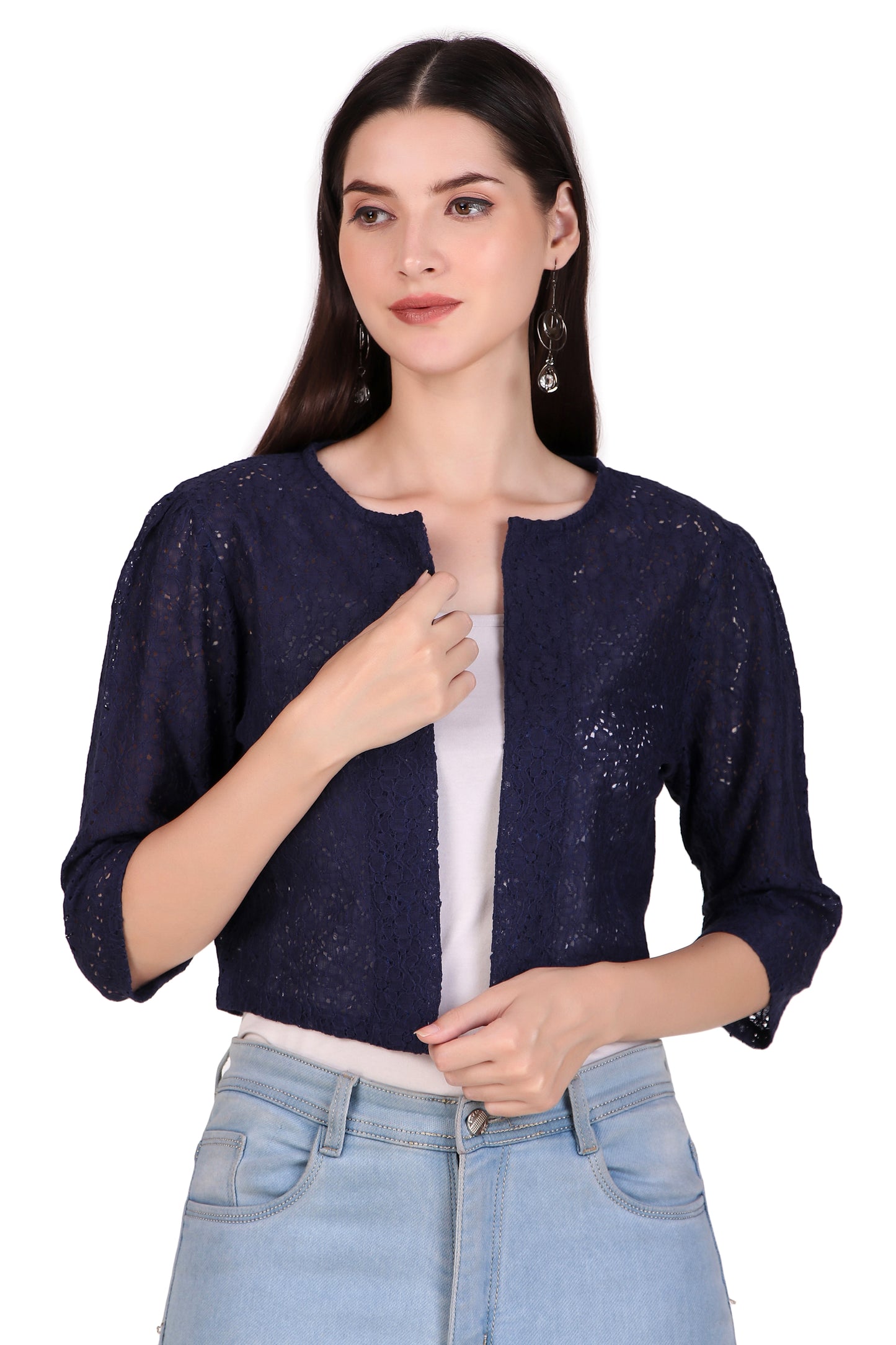 BoheeWohee Women's Cotton Lace Shrug with 3/4 Puffy Sleeves-Navy