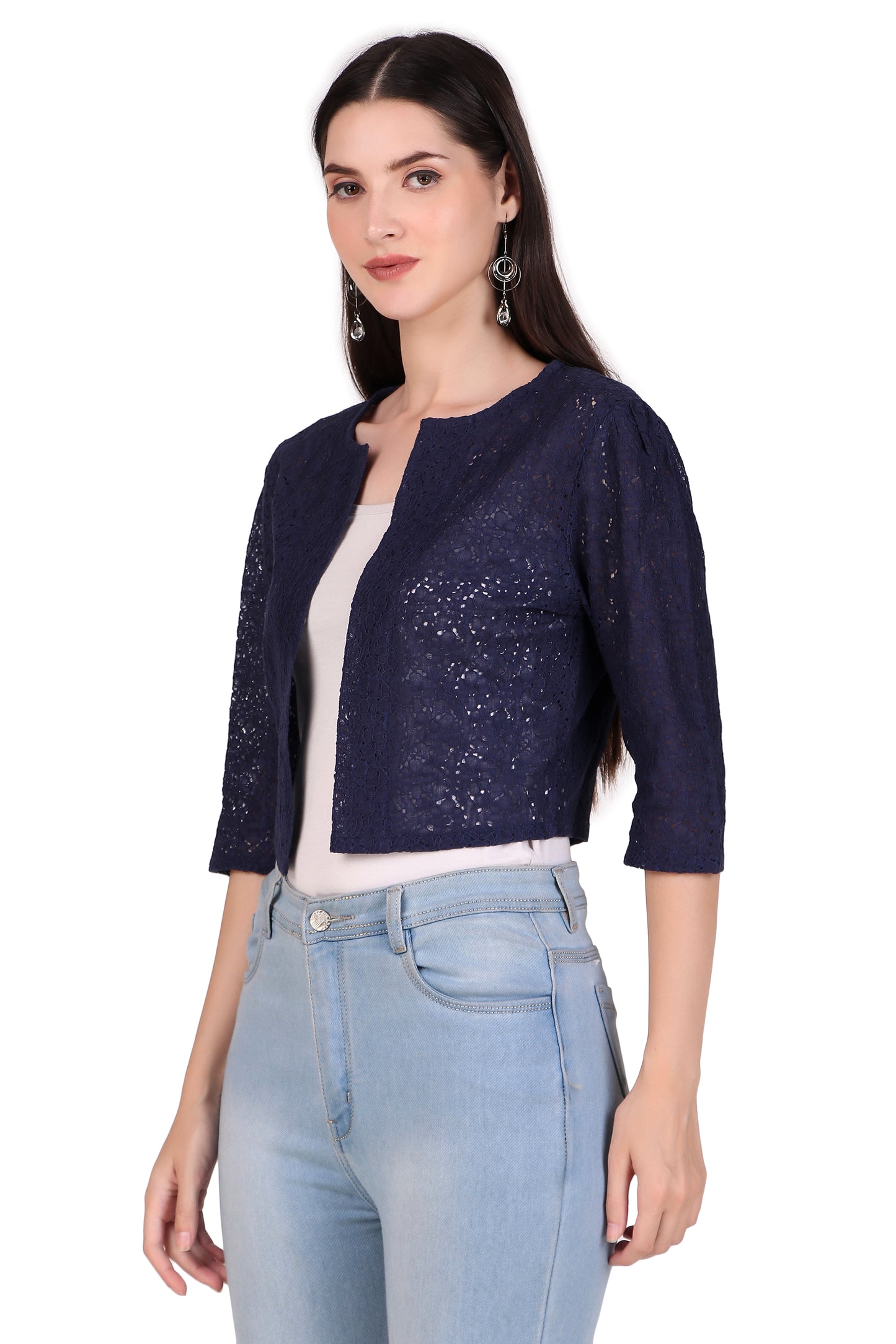 BoheeWohee Women's Cotton Lace Shrug with 3/4 Puffy Sleeves-Navy