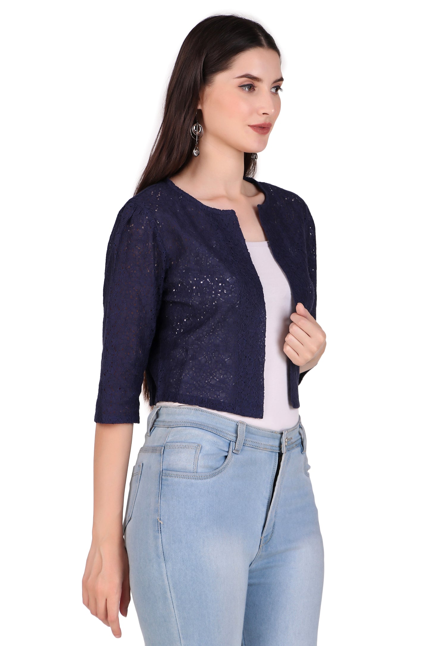 BoheeWohee Women's Cotton Lace Shrug with 3/4 Puffy Sleeves-Navy