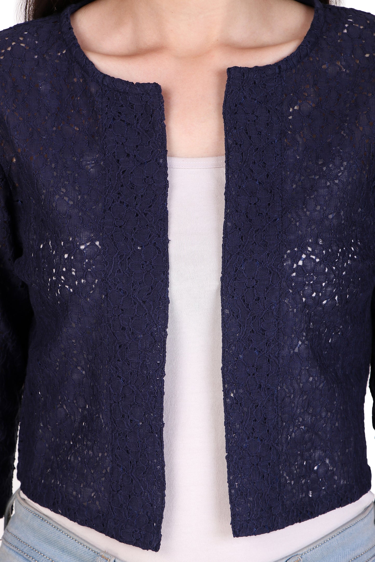 BoheeWohee Women's Cotton Lace Shrug with 3/4 Puffy Sleeves-Navy