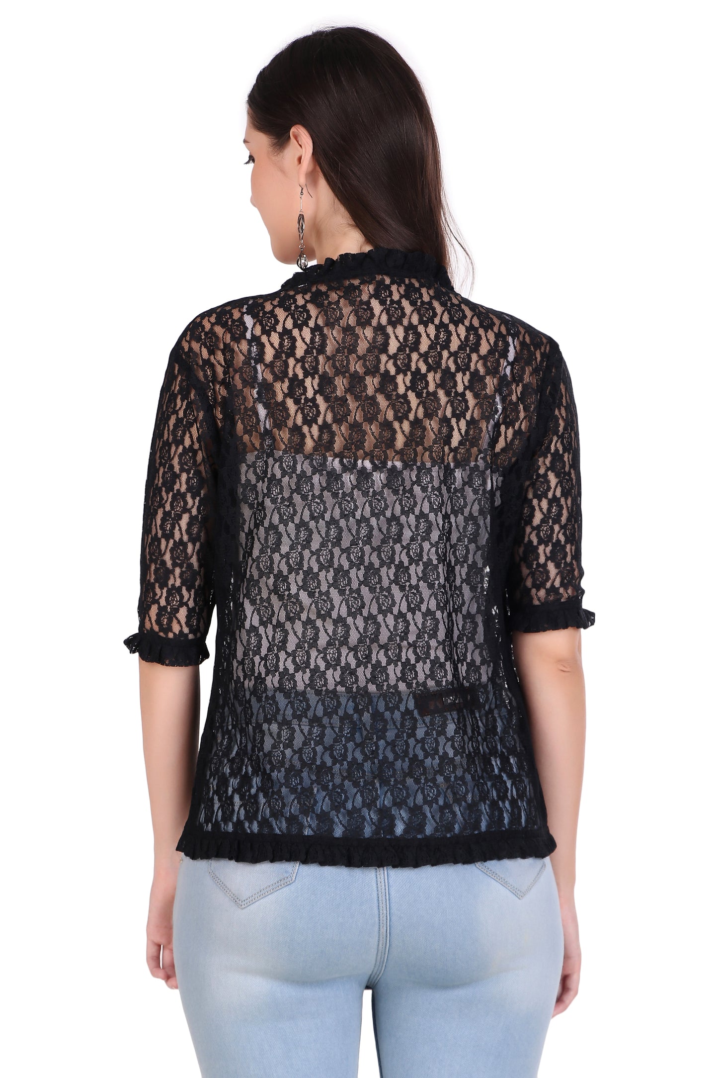 BoheeWohee Women's Floral Lace Shrug with Frill Accents - Black