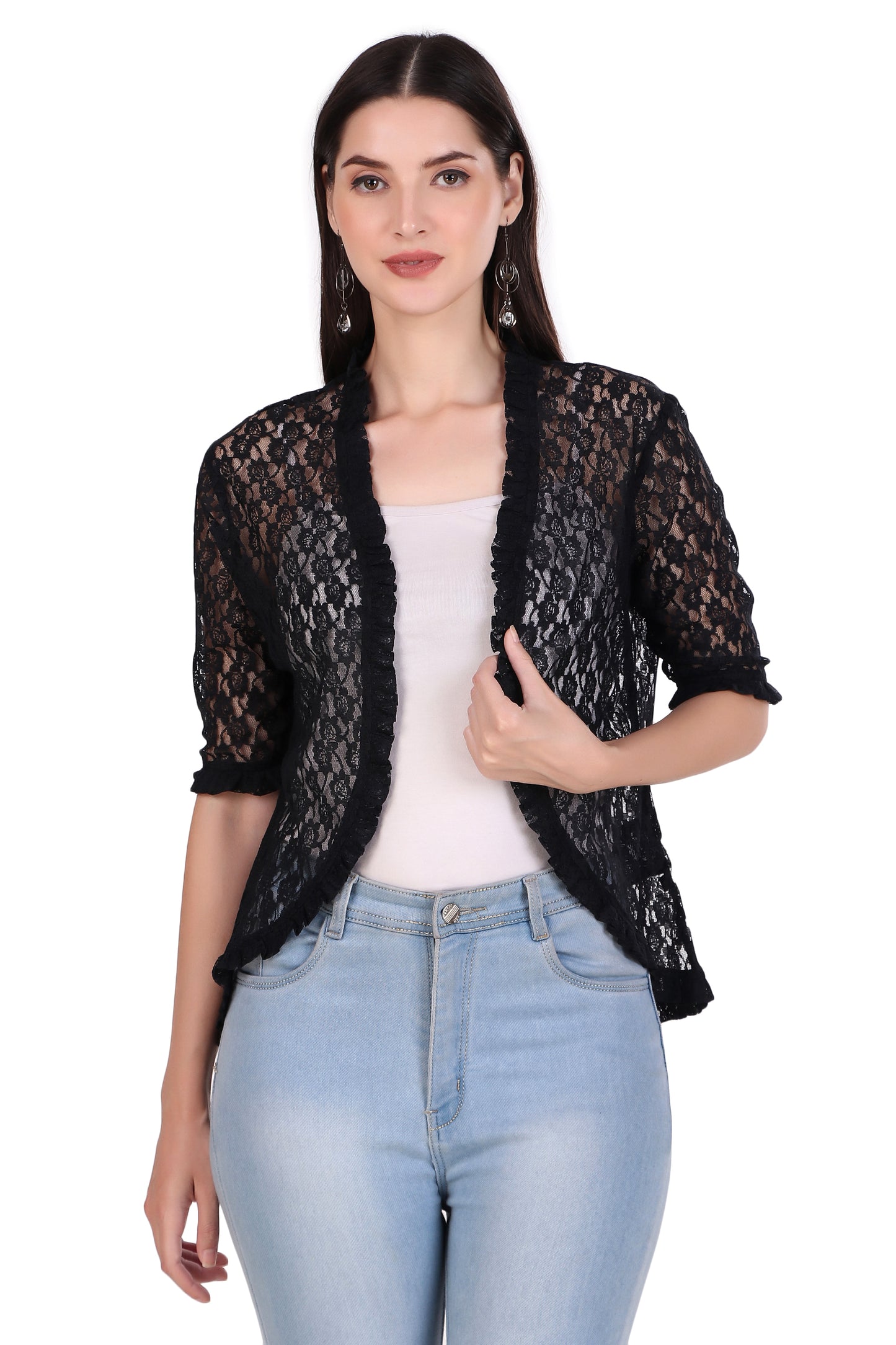 BoheeWohee Women's Floral Lace Shrug with Frill Accents - Black