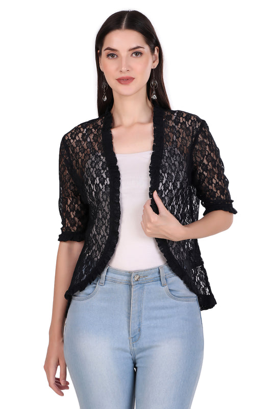 BoheeWohee Women's Floral Lace Shrug with Frill Accents - Black