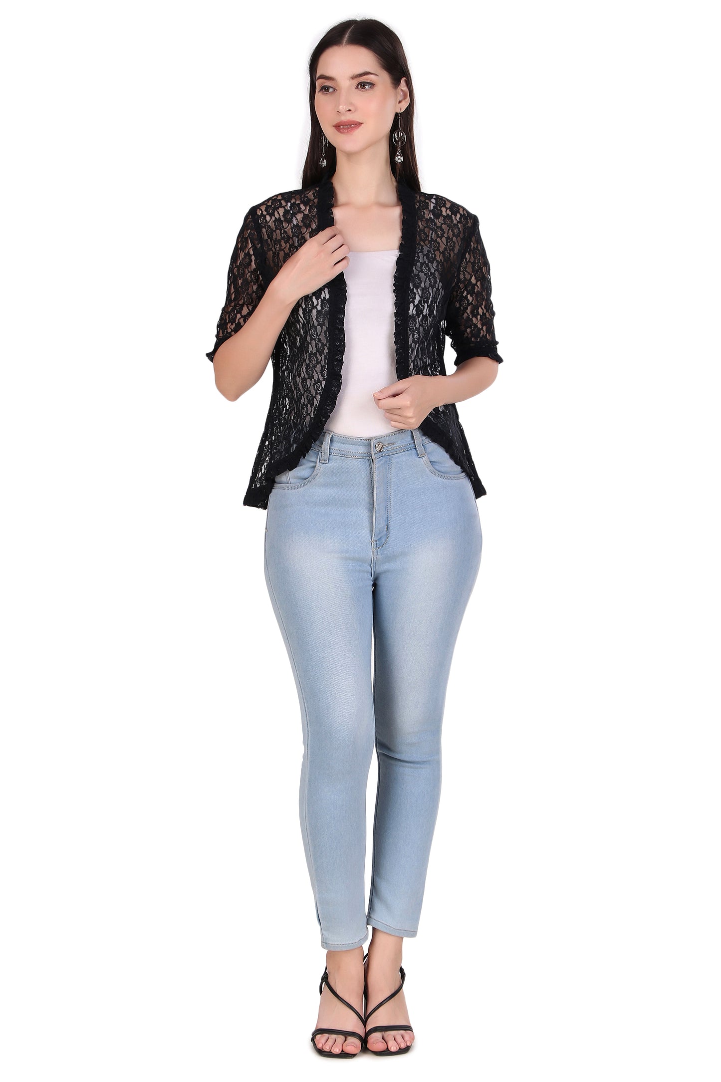 BoheeWohee Women's Floral Lace Shrug with Frill Accents - Black