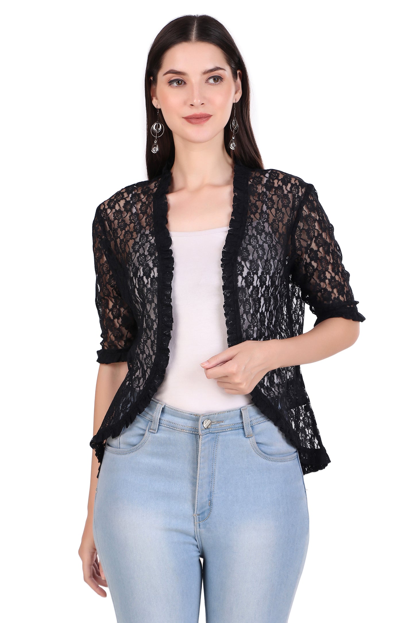 BoheeWohee Women's Floral Lace Shrug with Frill Accents - Black