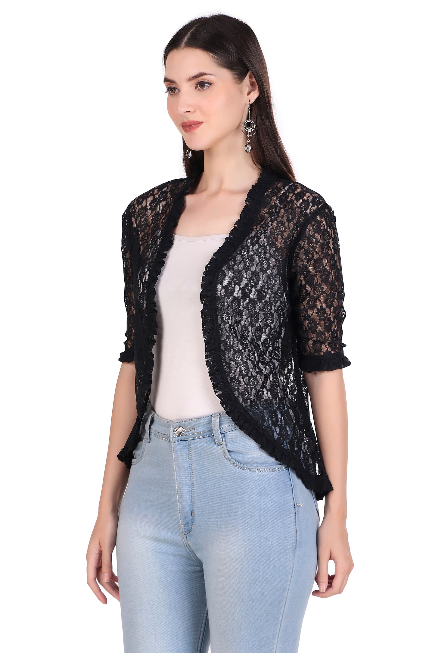 BoheeWohee Women's Floral Lace Shrug with Frill Accents - Black