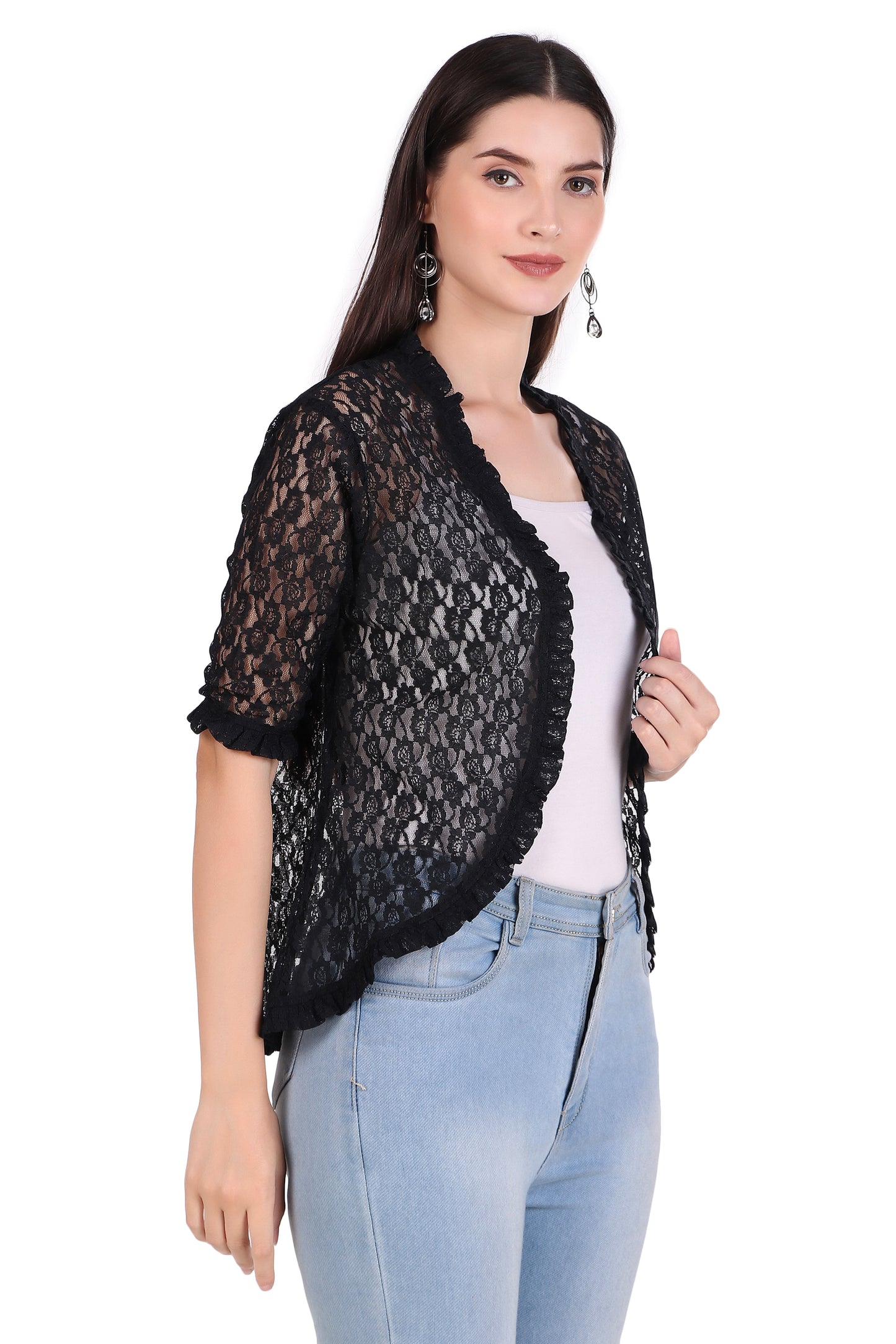 BoheeWohee Women's Floral Lace Shrug with Frill Accents - Black