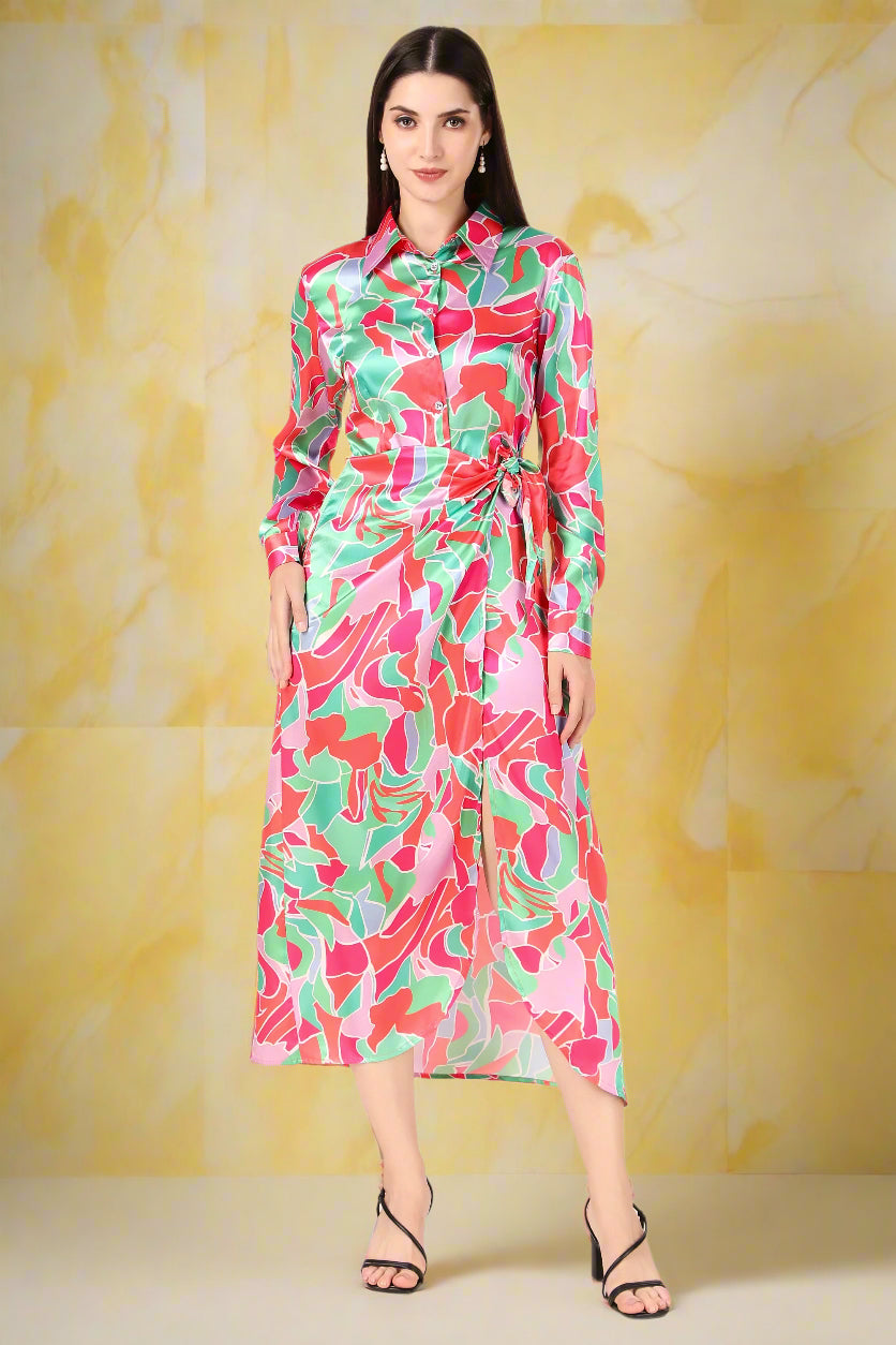 BoheeWohee Soft Satin Shirt Midi Dress- Printed Pink