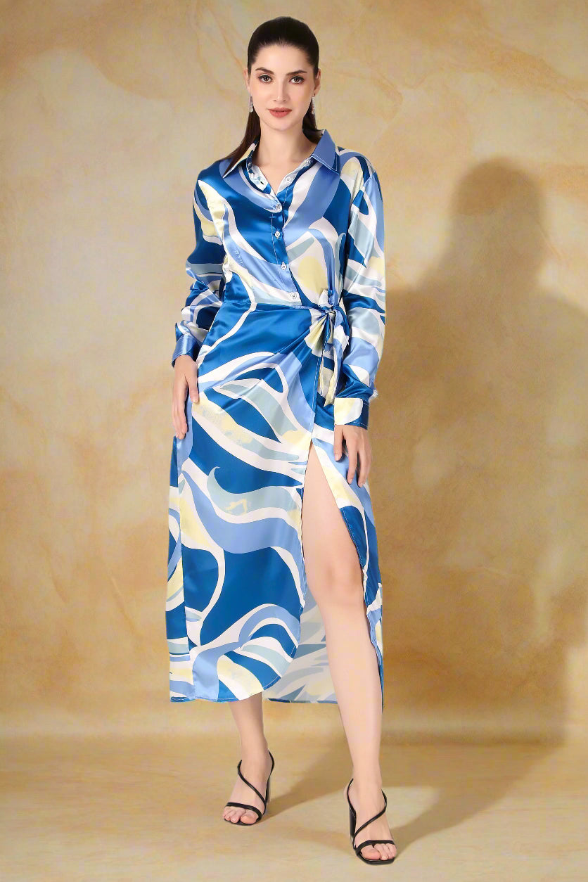 BoheeWohee Soft Satin Shirt Midi Dress- Printed Blue