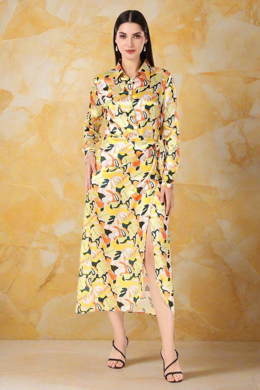 BoheeWohee Soft Satin Shirt Midi Dress - Printed Yellow