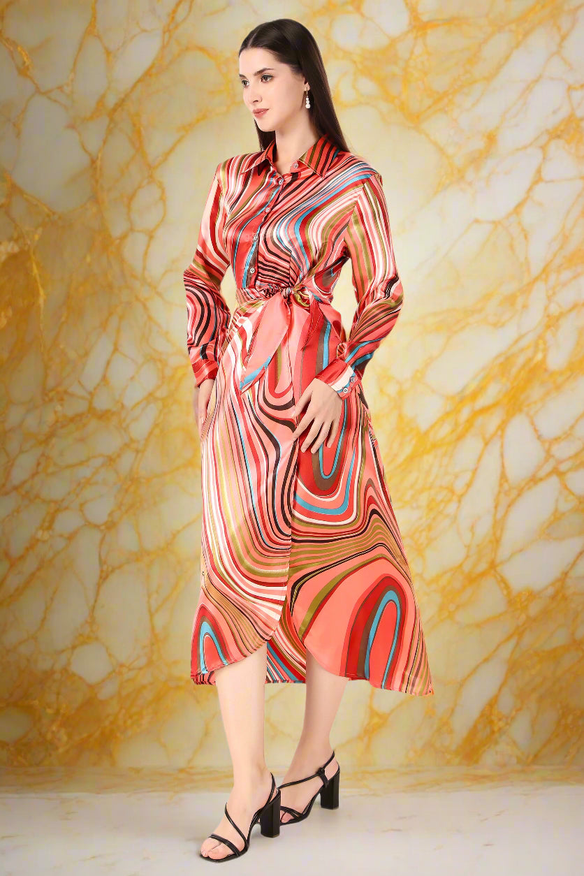 BoheeWohee Soft Satin Shirt Midi Dress - Printed Orange
