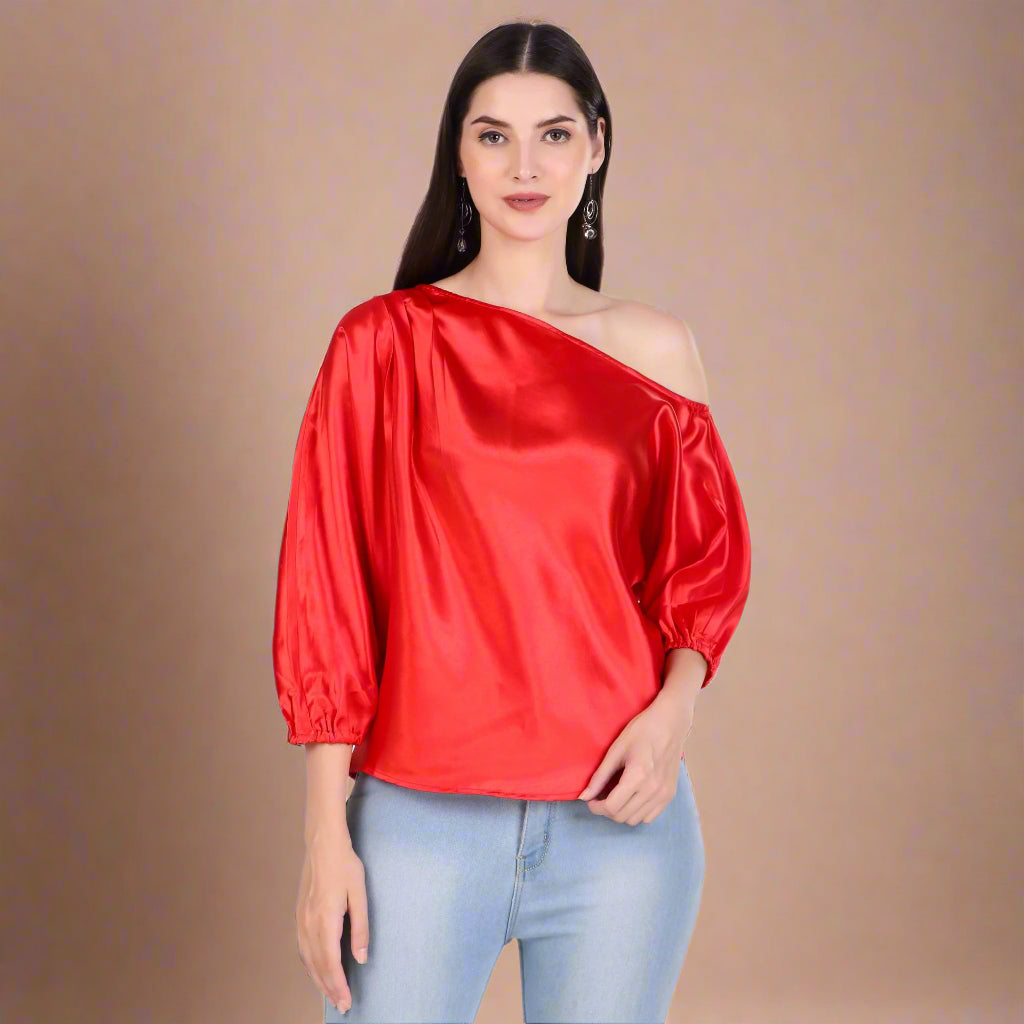 One Shoulder Red Satin Top