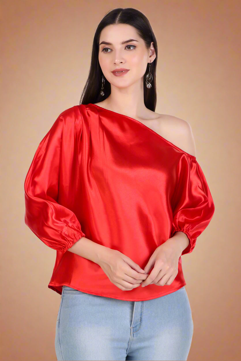 One Shoulder Red Satin Top