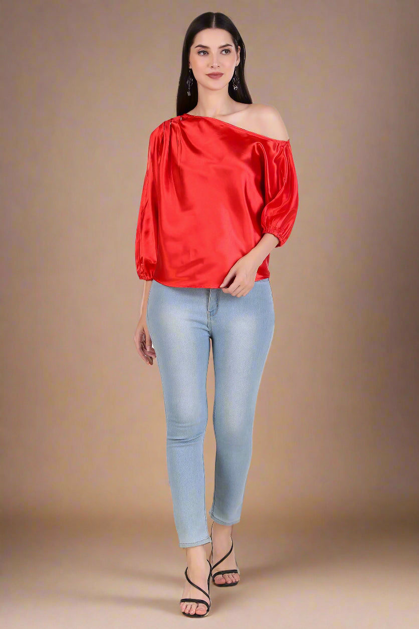 One Shoulder Red Satin Top