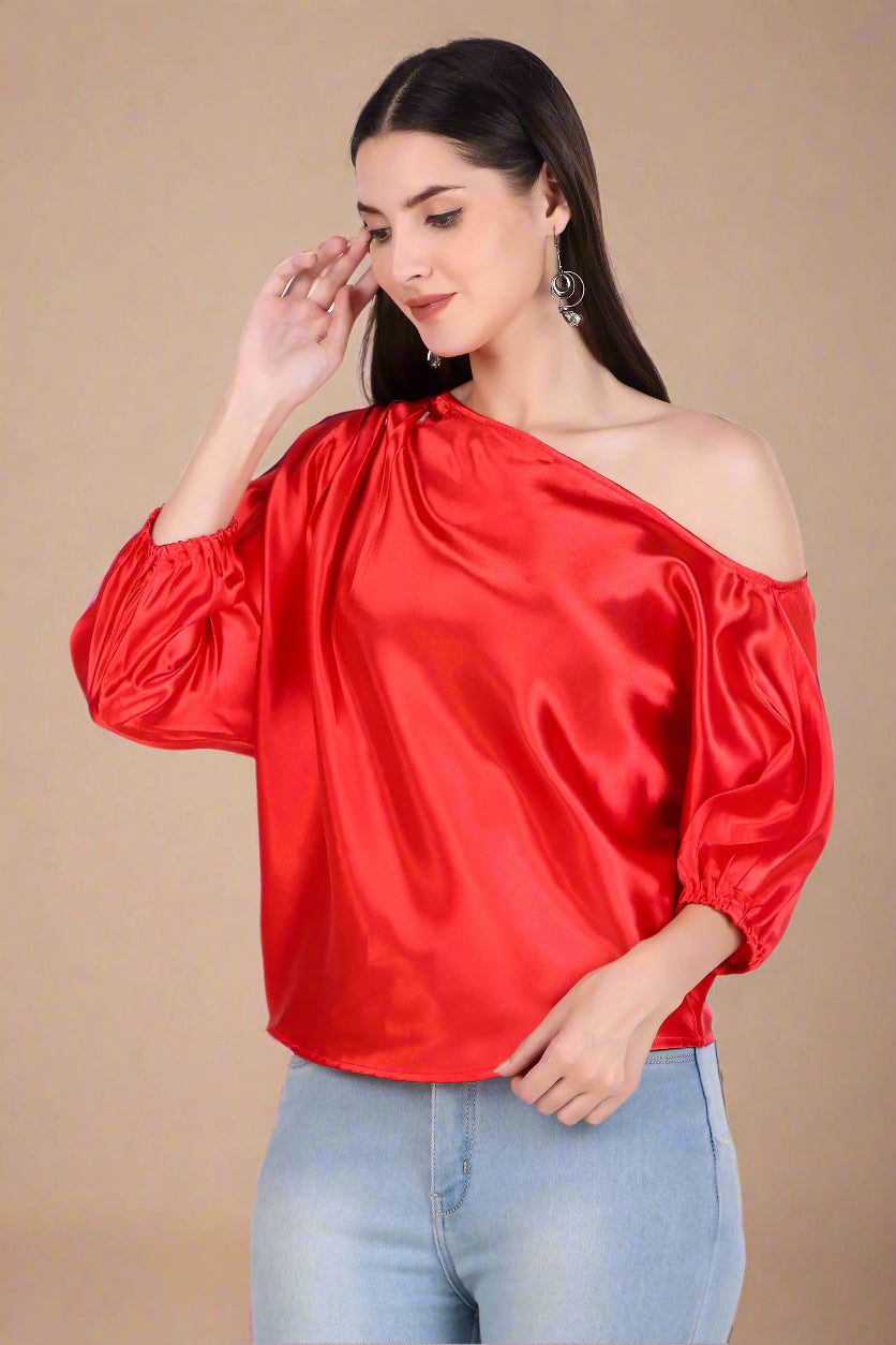 One Shoulder Red Satin Top