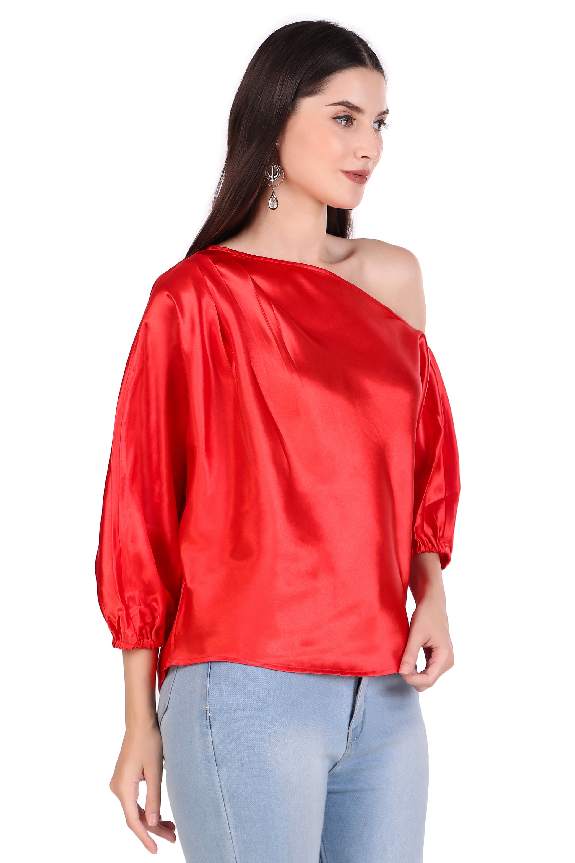 One Shoulder Red Satin Top