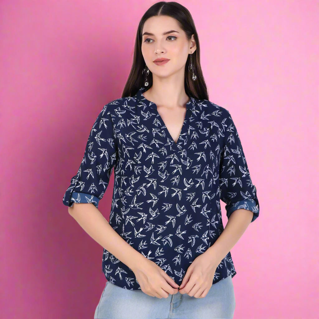 Swallow Bird Print Half Sleeve Top