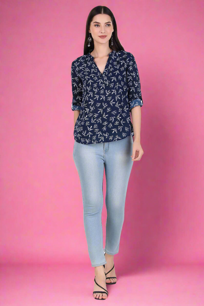 Swallow Bird Print Half Sleeve Top