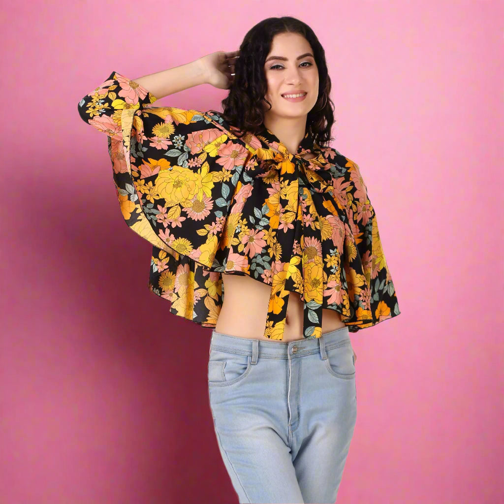 Yellow Floral Cape Top for women