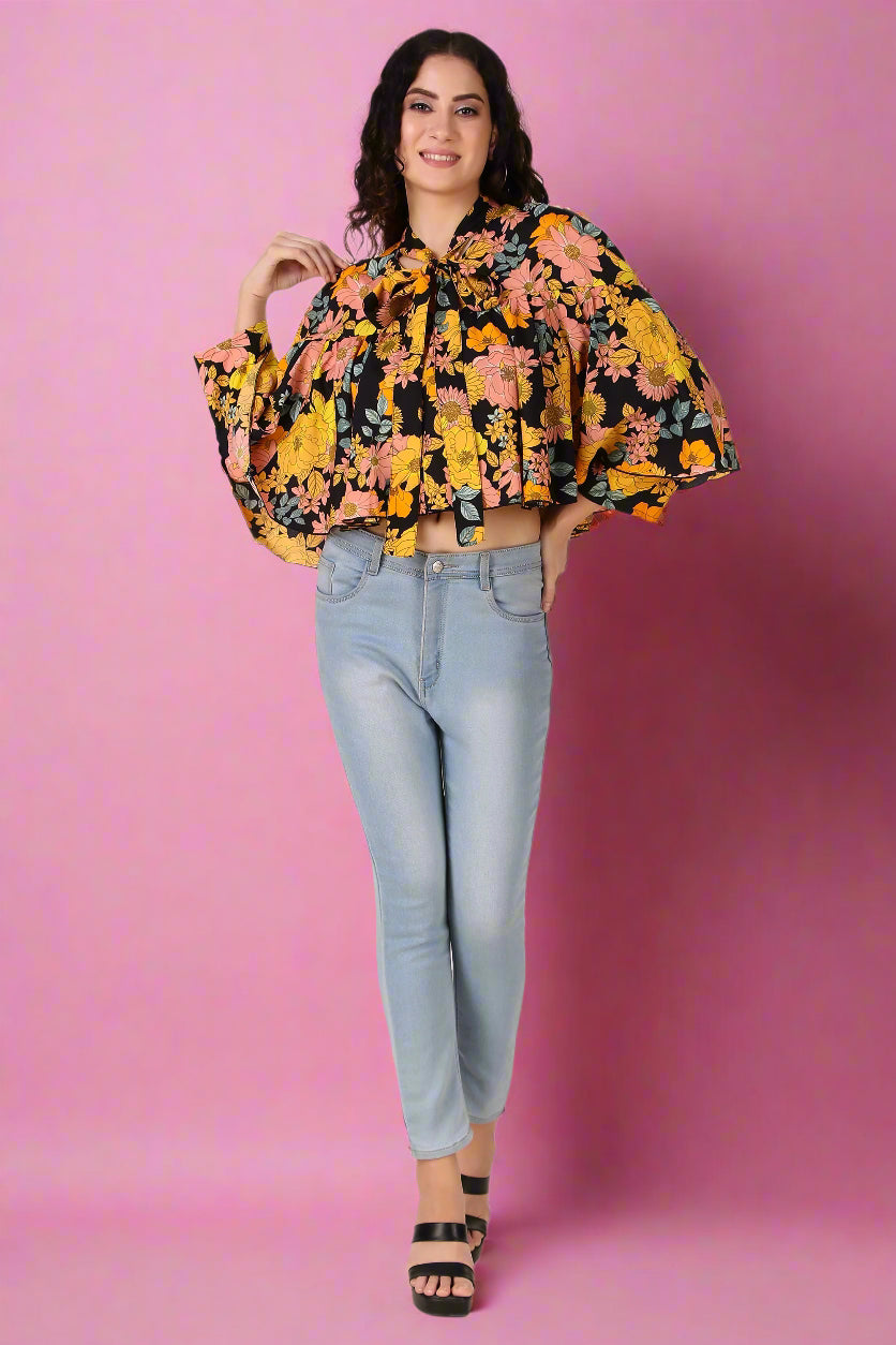 Yellow Floral Cape Top for women