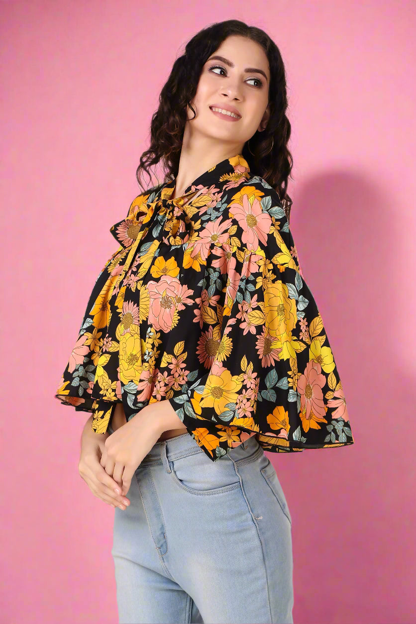Yellow Floral Cape Top for women