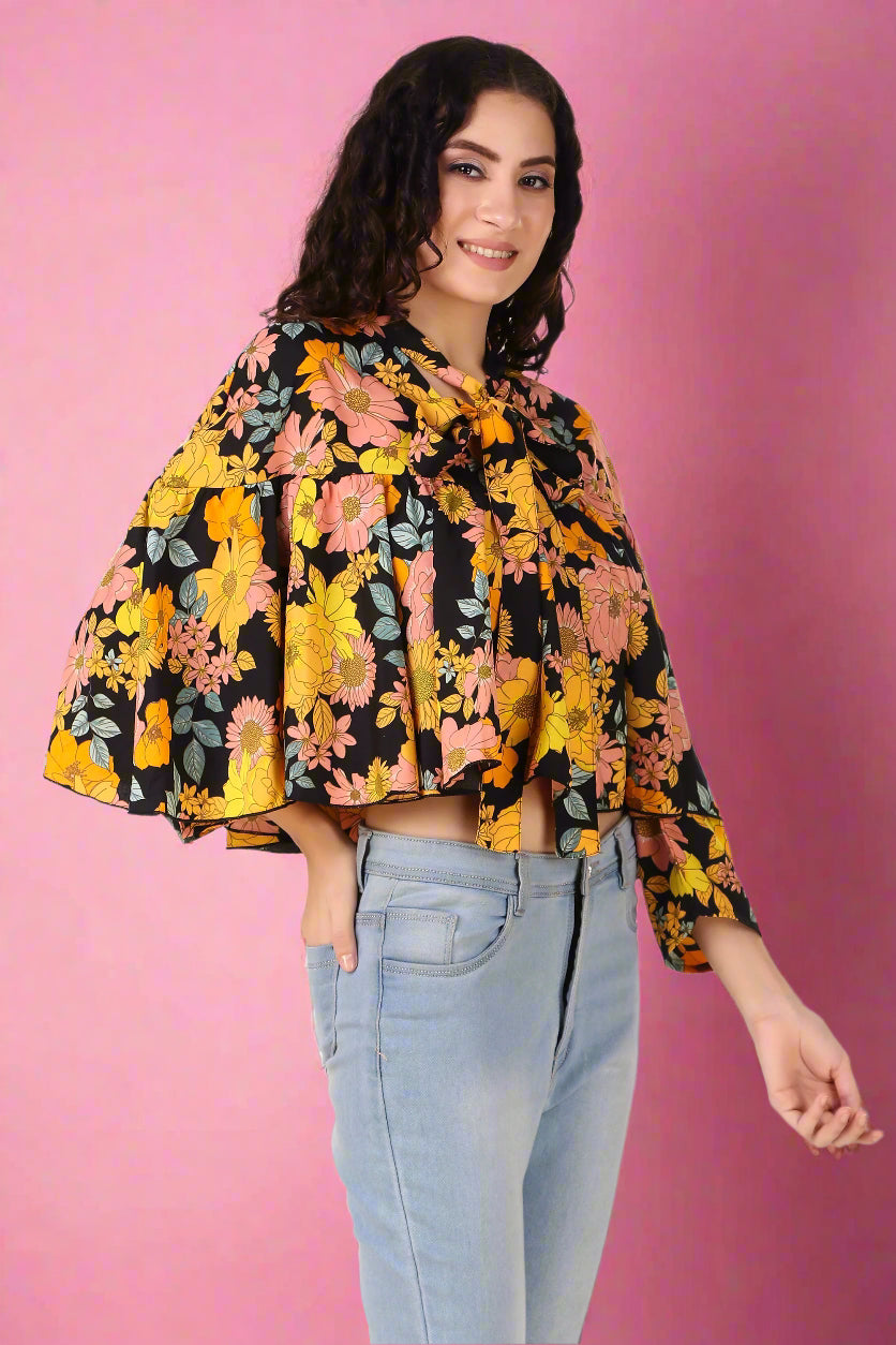 Yellow Floral Cape Top for women