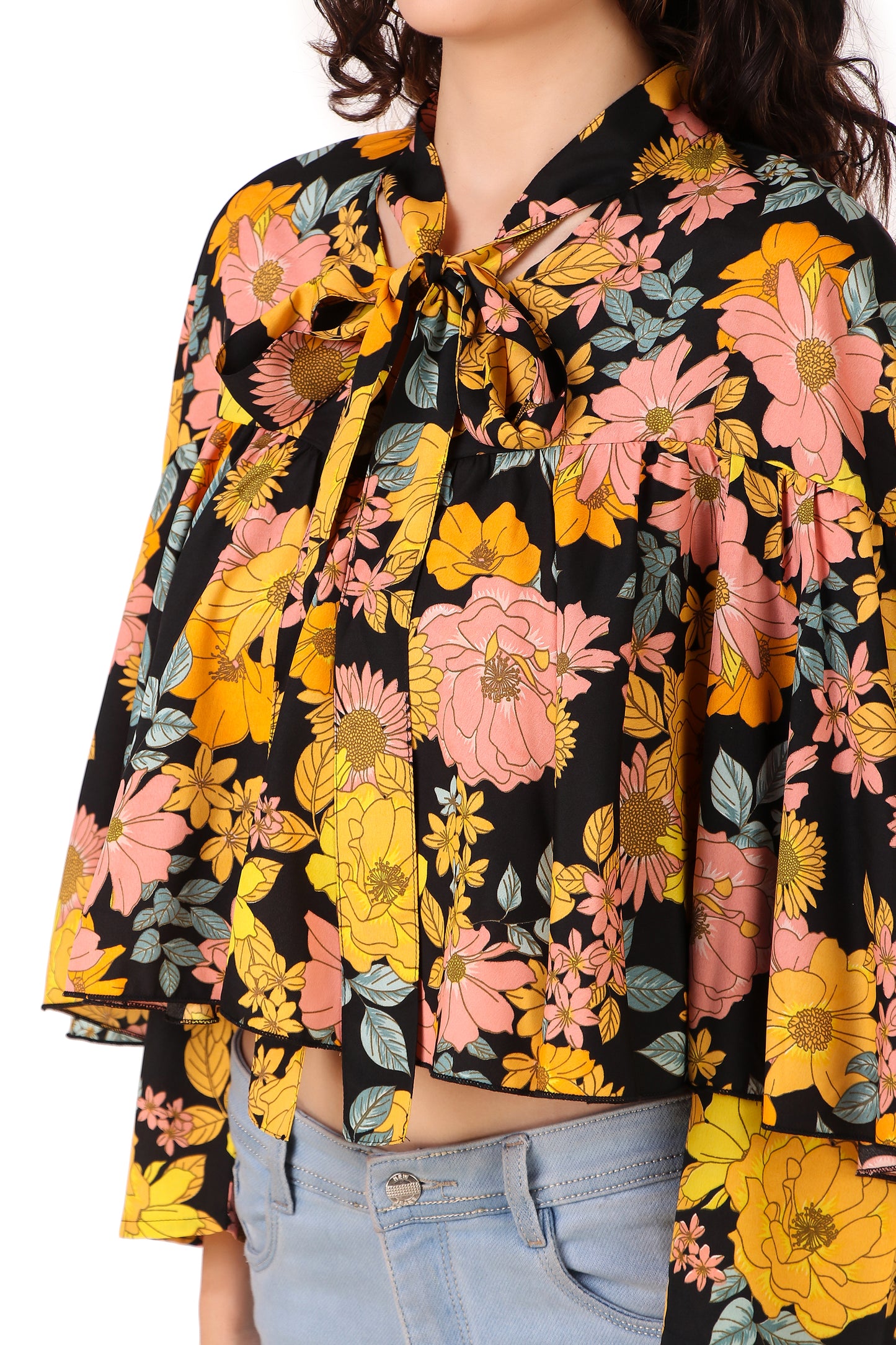 Yellow Floral Cape Top for women