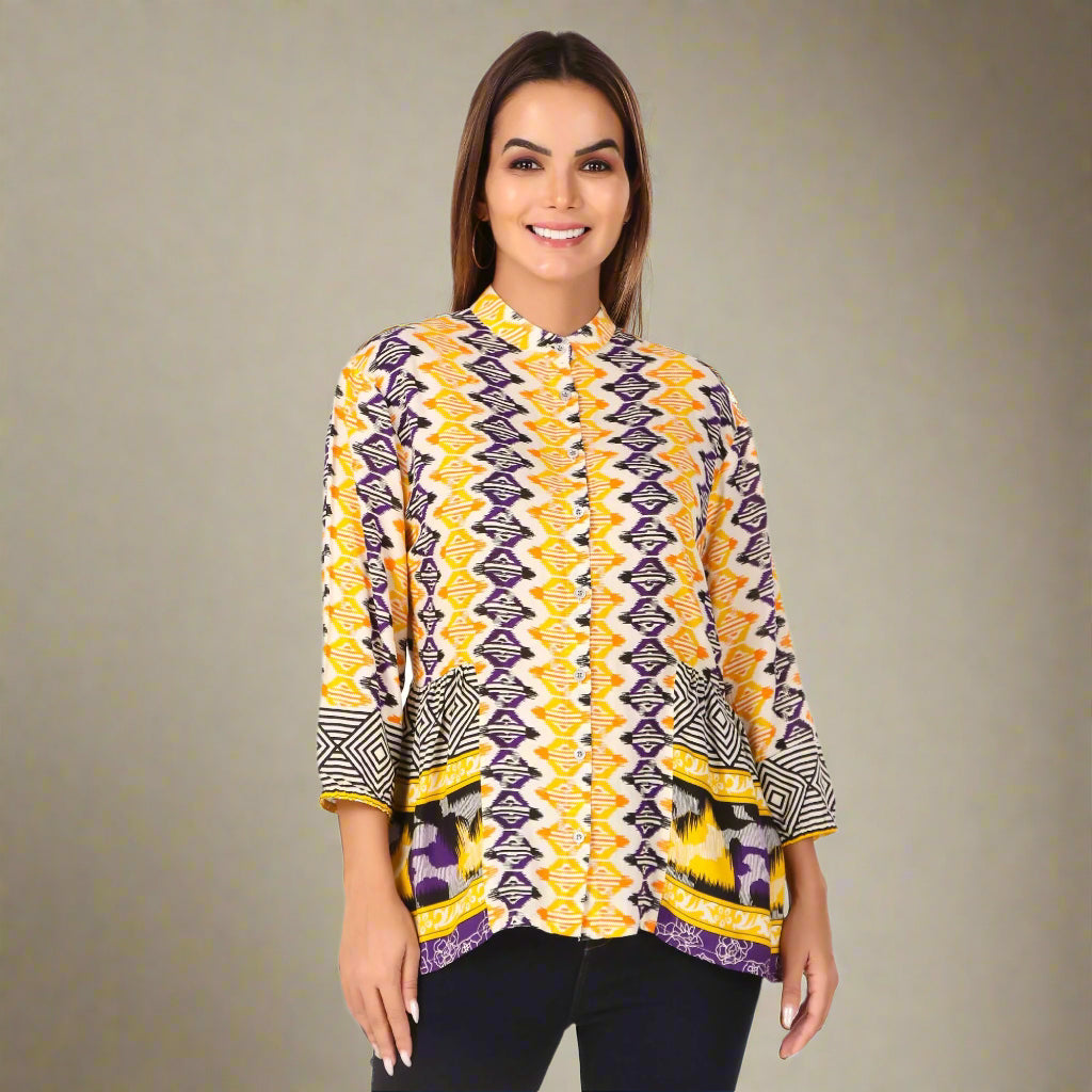 Yellow and Purple Printed Casual Women's Shirt