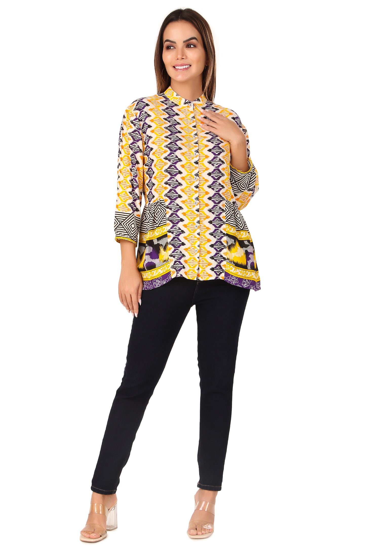 Yellow and Purple Printed Casual Women's Shirt