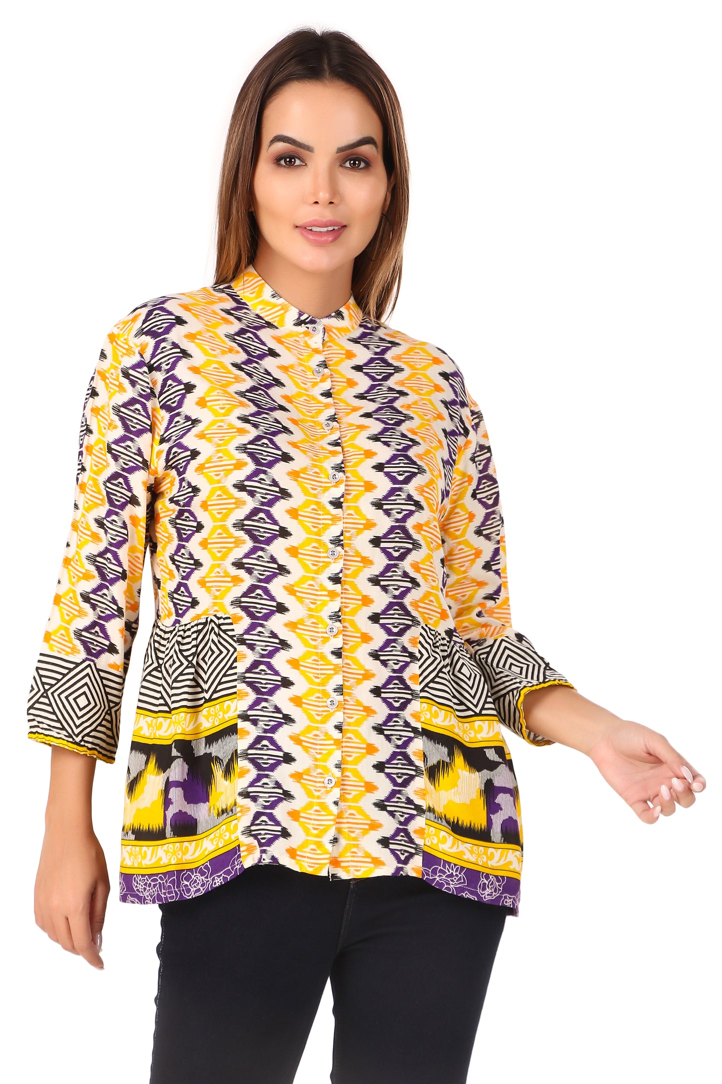 Yellow and Purple Printed Casual Women's Shirt