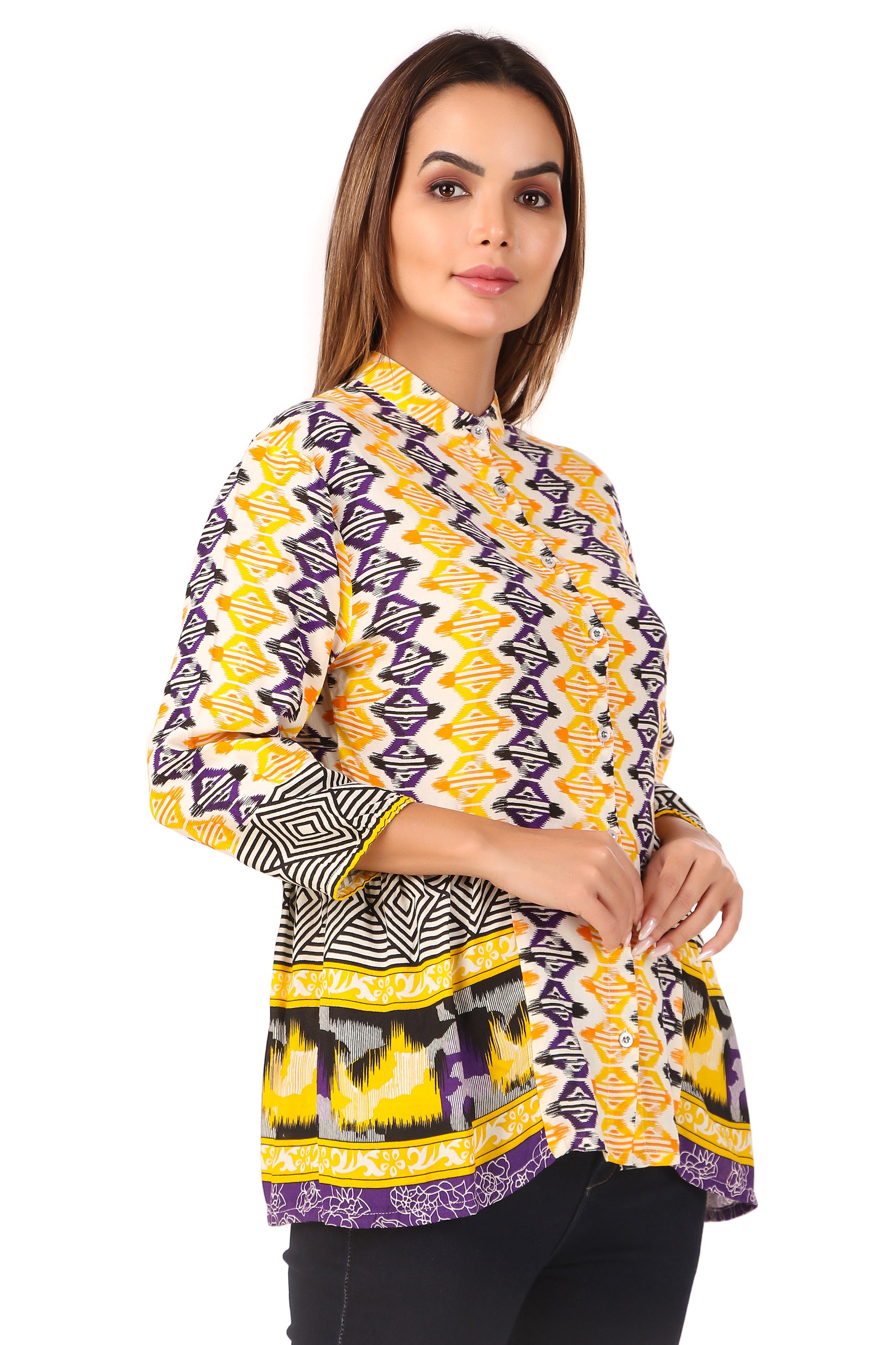 Yellow and Purple Printed Casual Women's Shirt